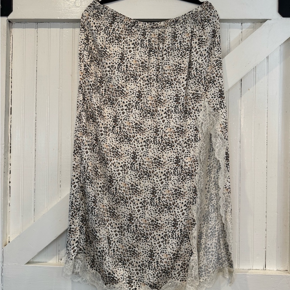 Aerie Leopard Print Midi Skirt Lace Trim Elastic Waist Size L - Picture 2 of 11